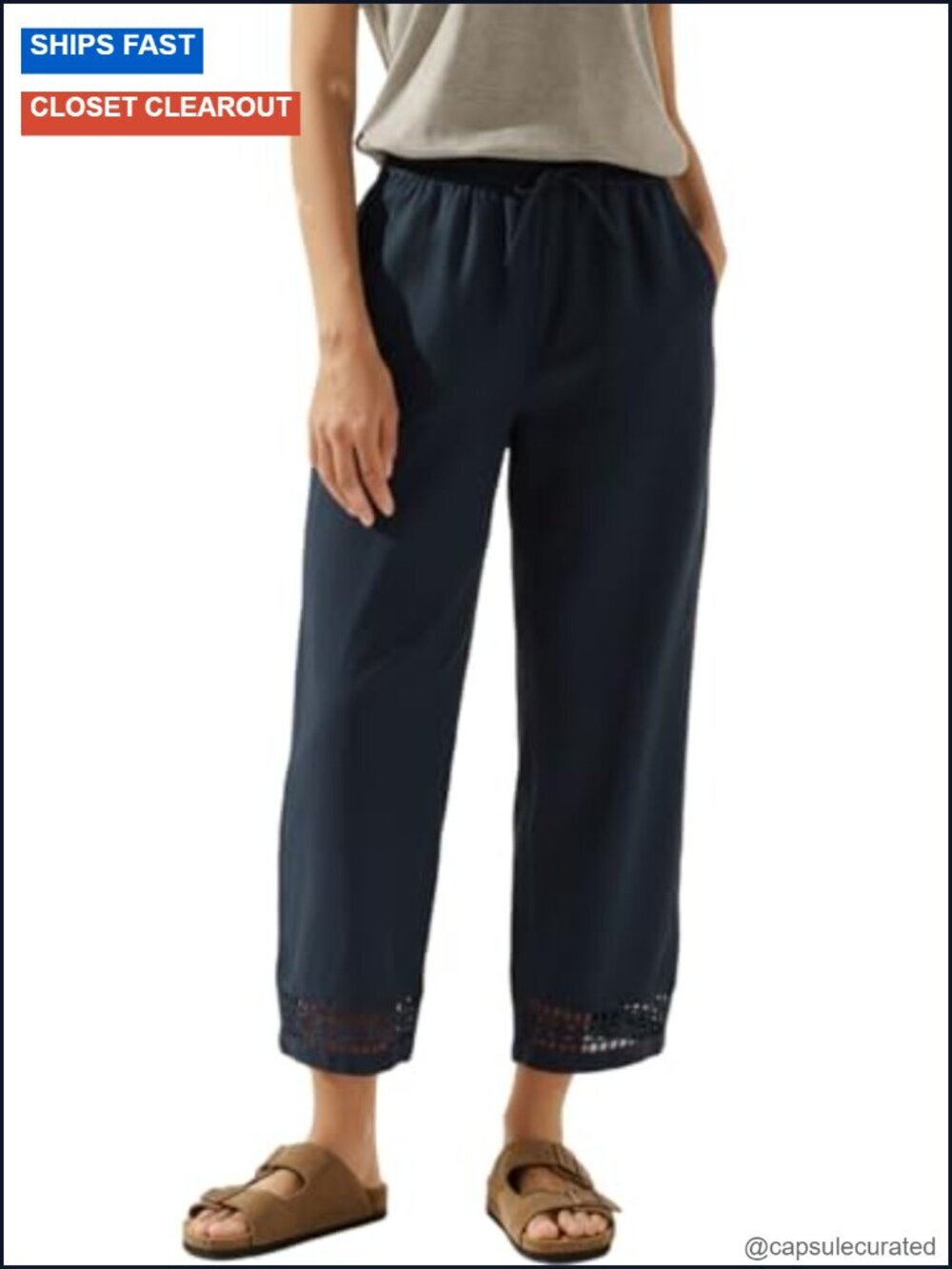 Women Drawstring Elastic Waist Capri Pants with Pockets Lace Trim Lightweight
